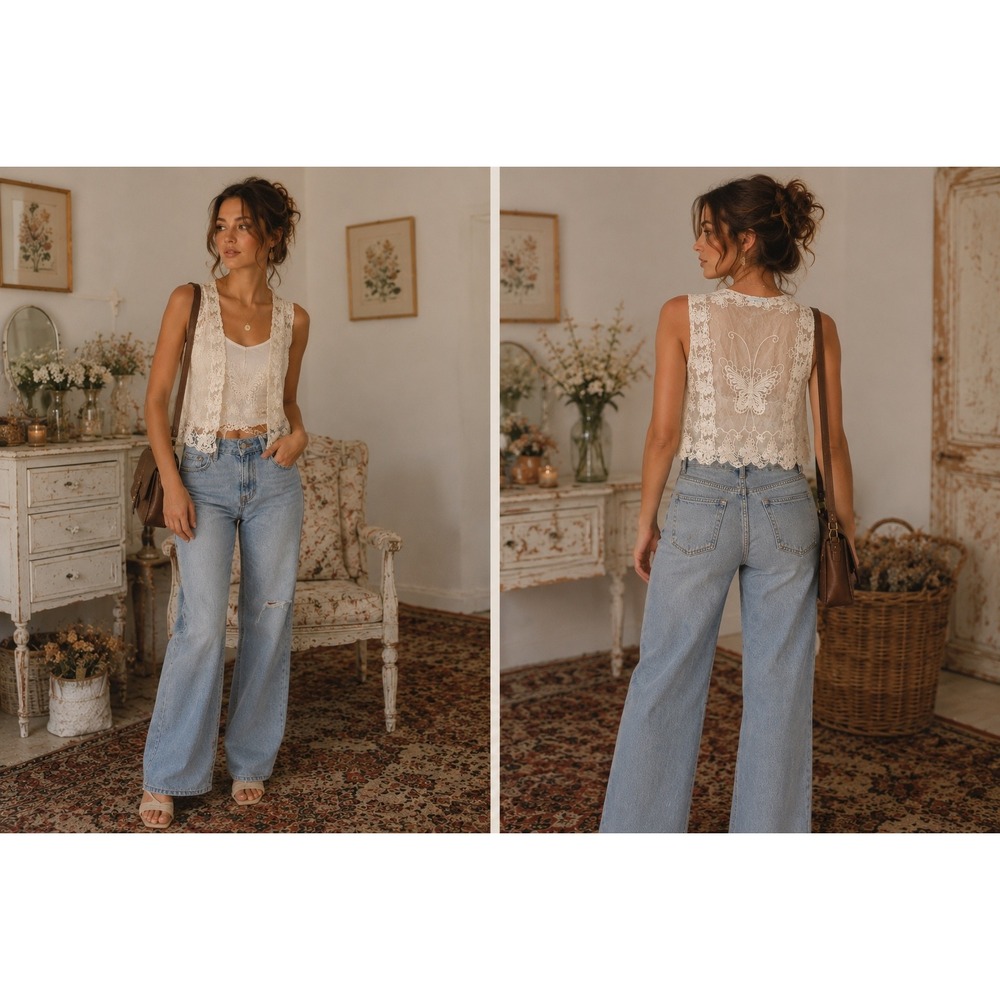 Maurices Cream Floral Lace Butterfly Vest SZ M‎ Boho Sheer Open Front Delicate